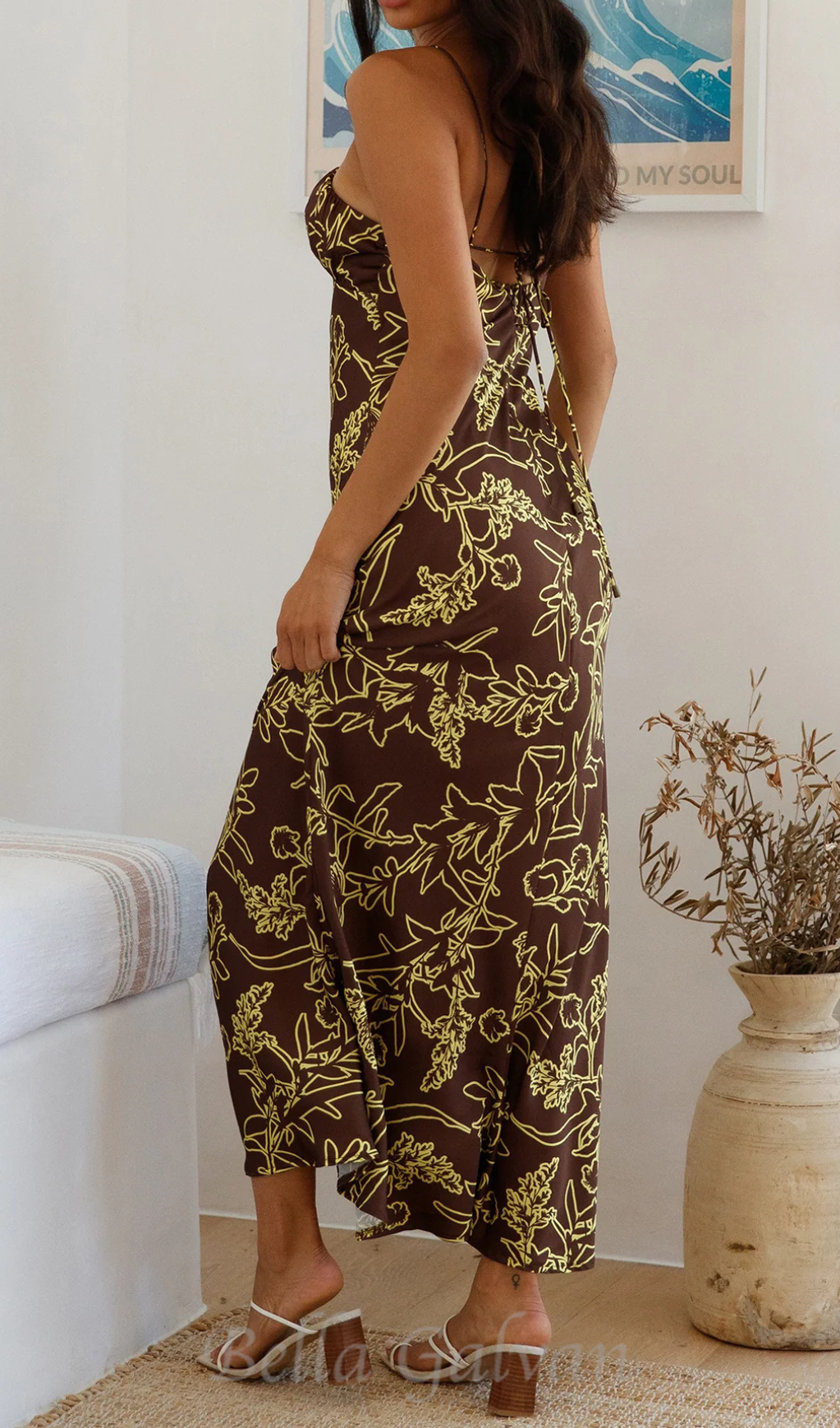 print satin maxi dress in brown Flowering Girl