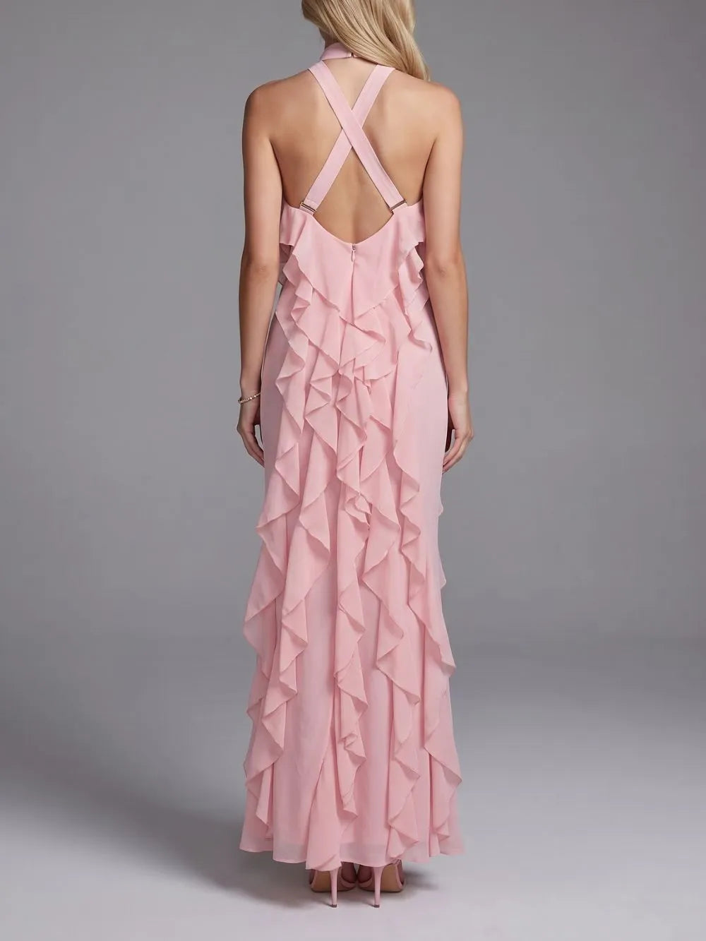 Kora Pink Halter Ruffle Maxi Dress Flowering Girl