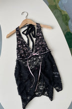 Backless Sheer Lace Halter Top In Black Flowering Girl