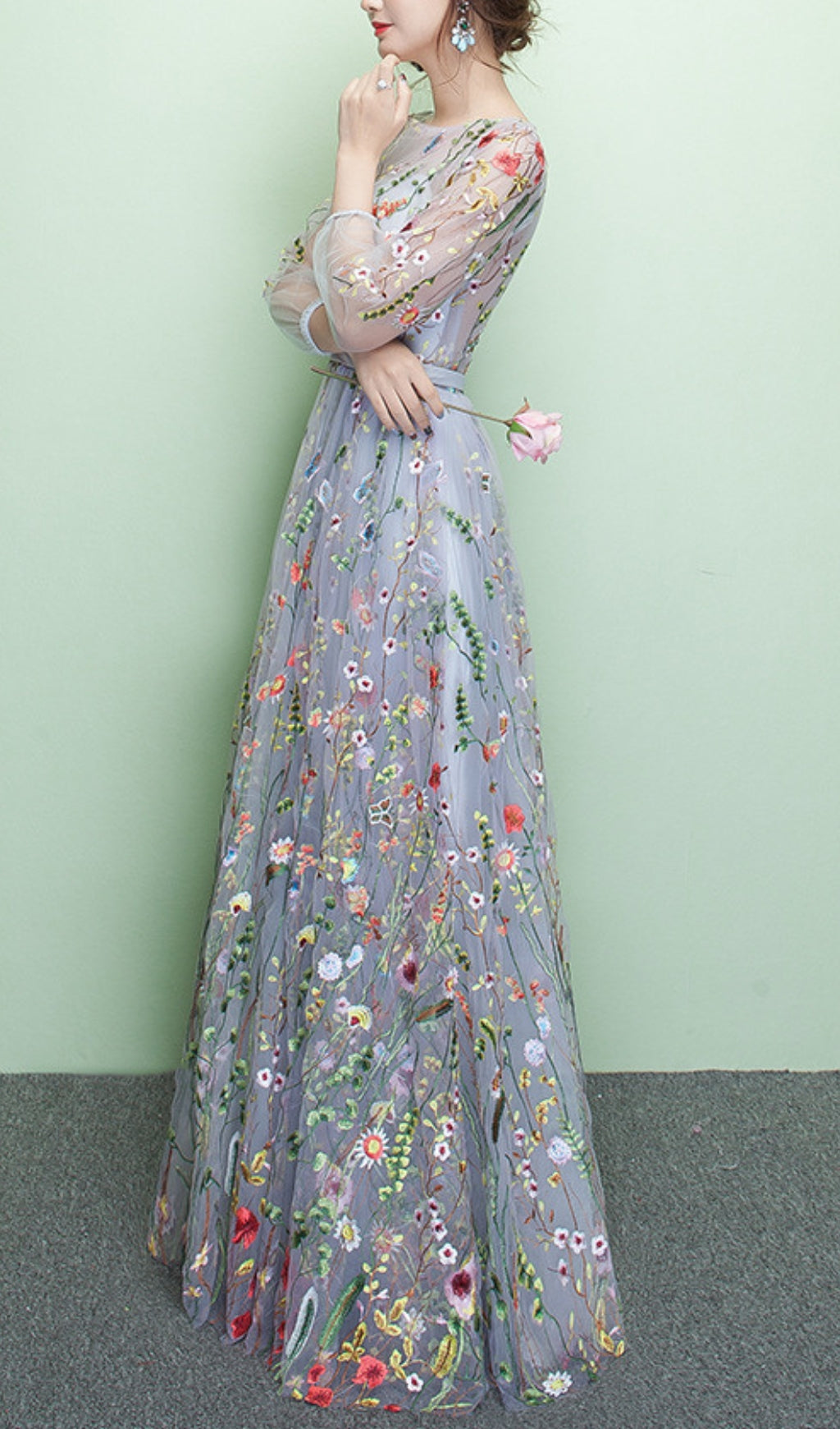 Dannell Gray Flower Mesh Sleeve Maxi Dress Flowering Girl