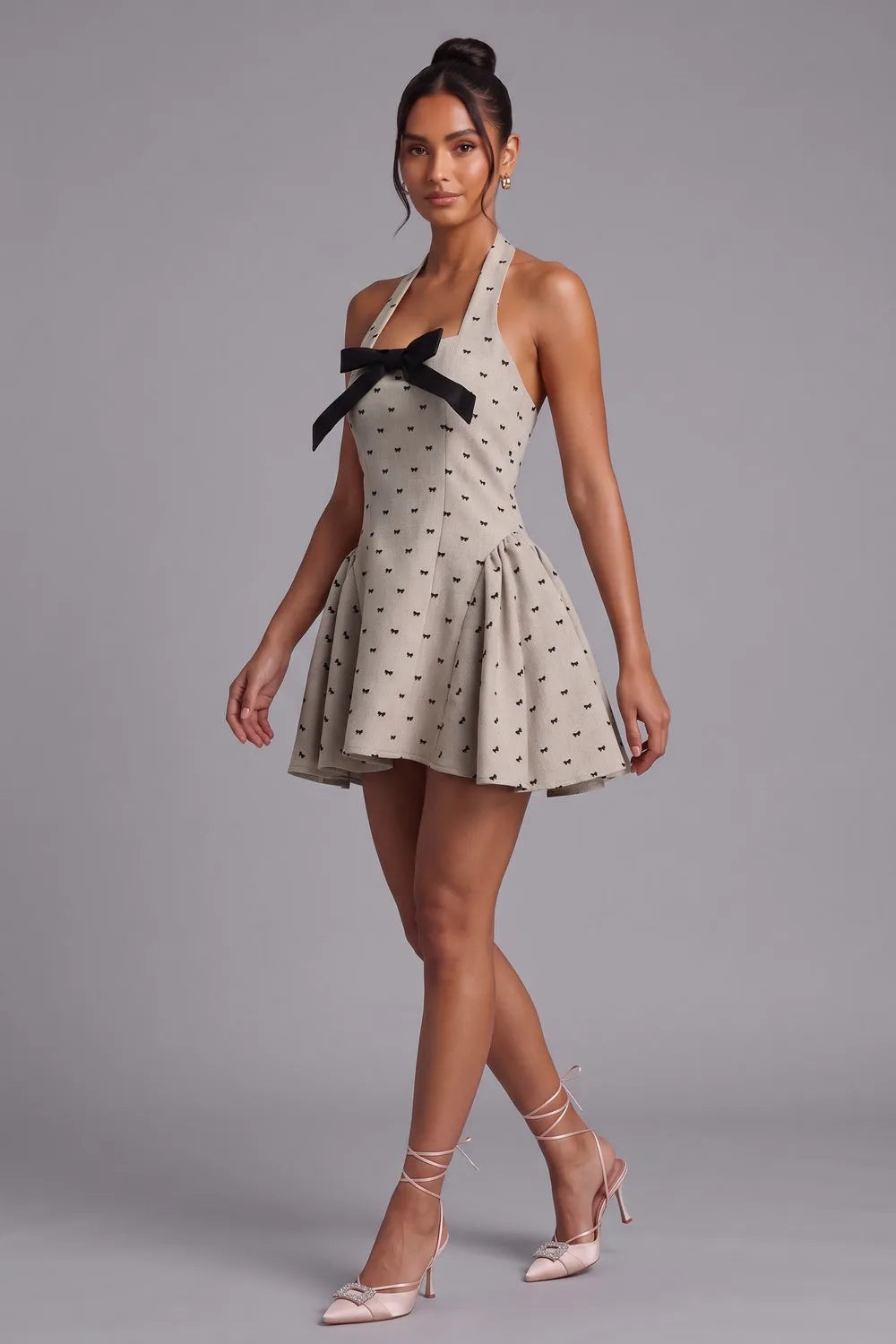 Halter Neck Mini Dress with Bow Print Flowering Girl