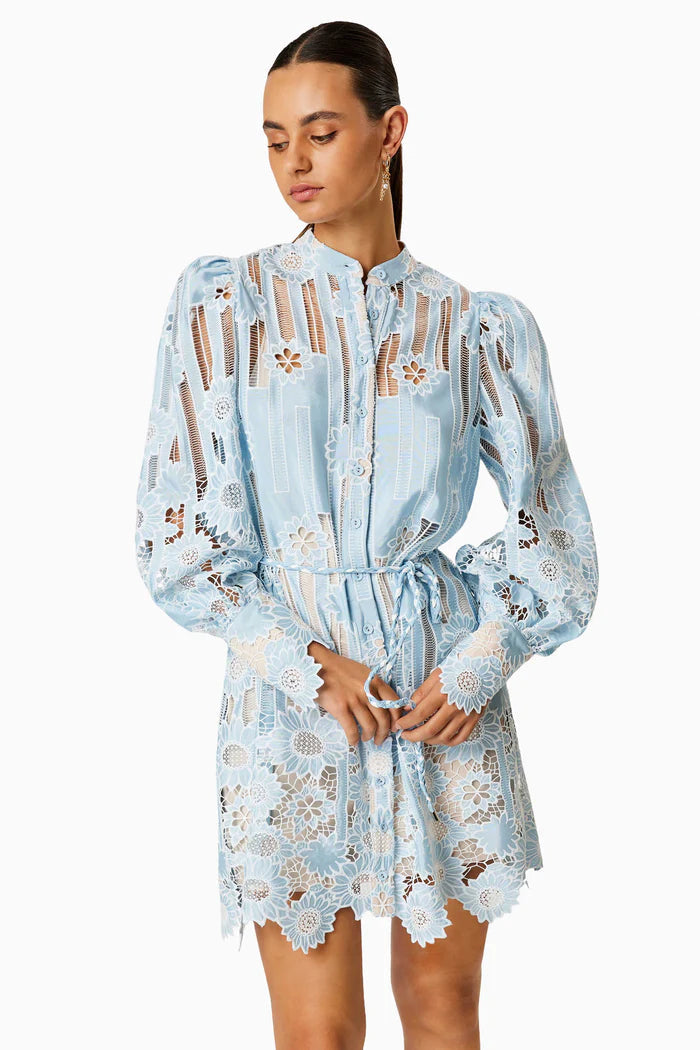 Jetsetter hollow long sleeve Mini Dress In Blue Flowering Girl