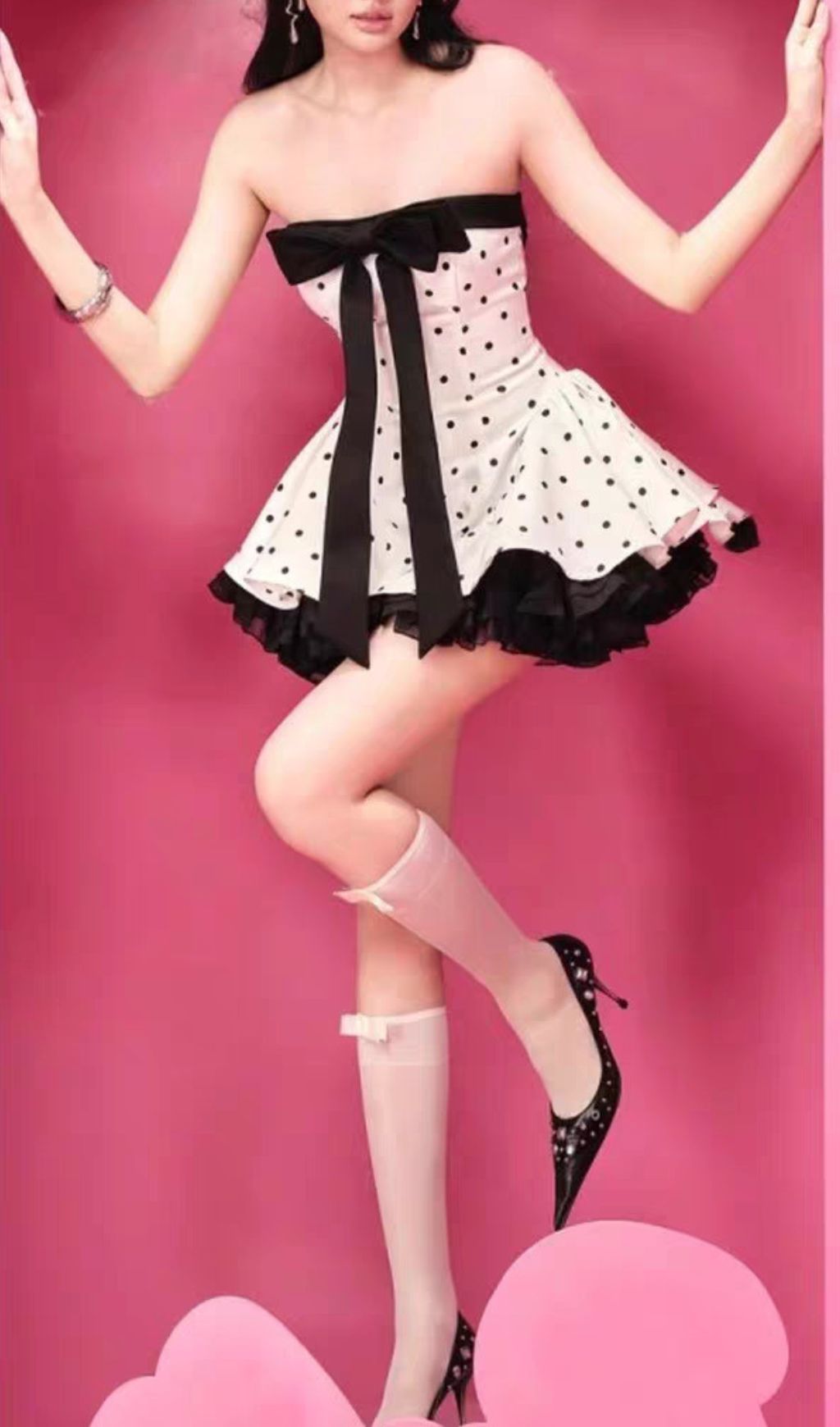 Iola Strapless Dot Bowknot Mini Dress Flowering Girl