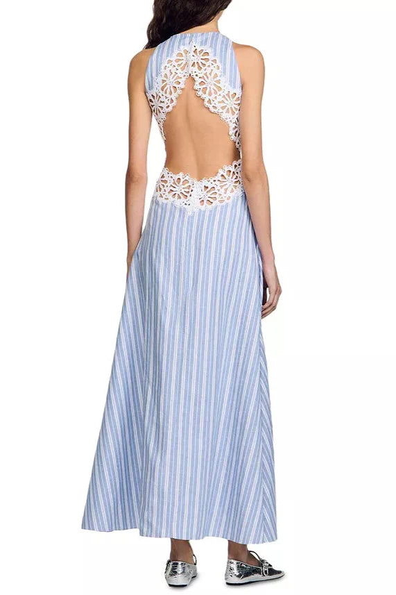 Hollow Lace Trim Maxi Dress In Blue Flowering Girl