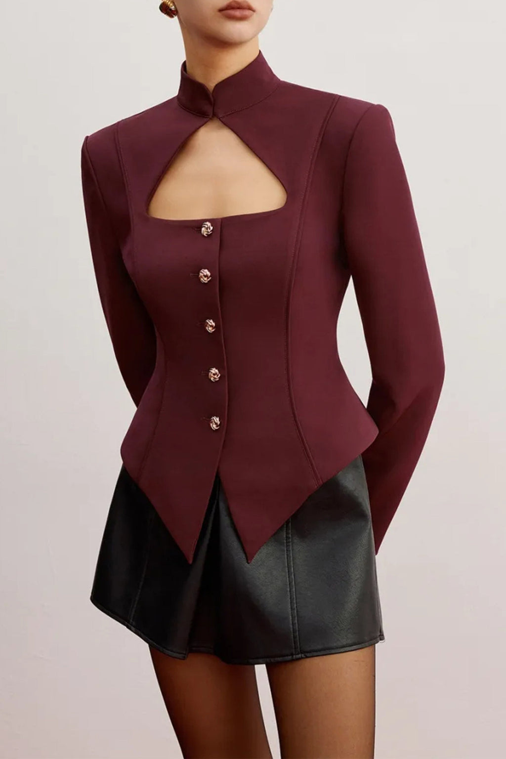 Stand Collar Cutout Blazer Flowering Girl