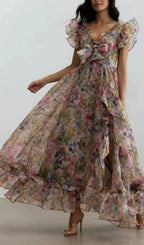 Butterfly Print Ruffle Chiffon Maxi Dress Flowering Girl
