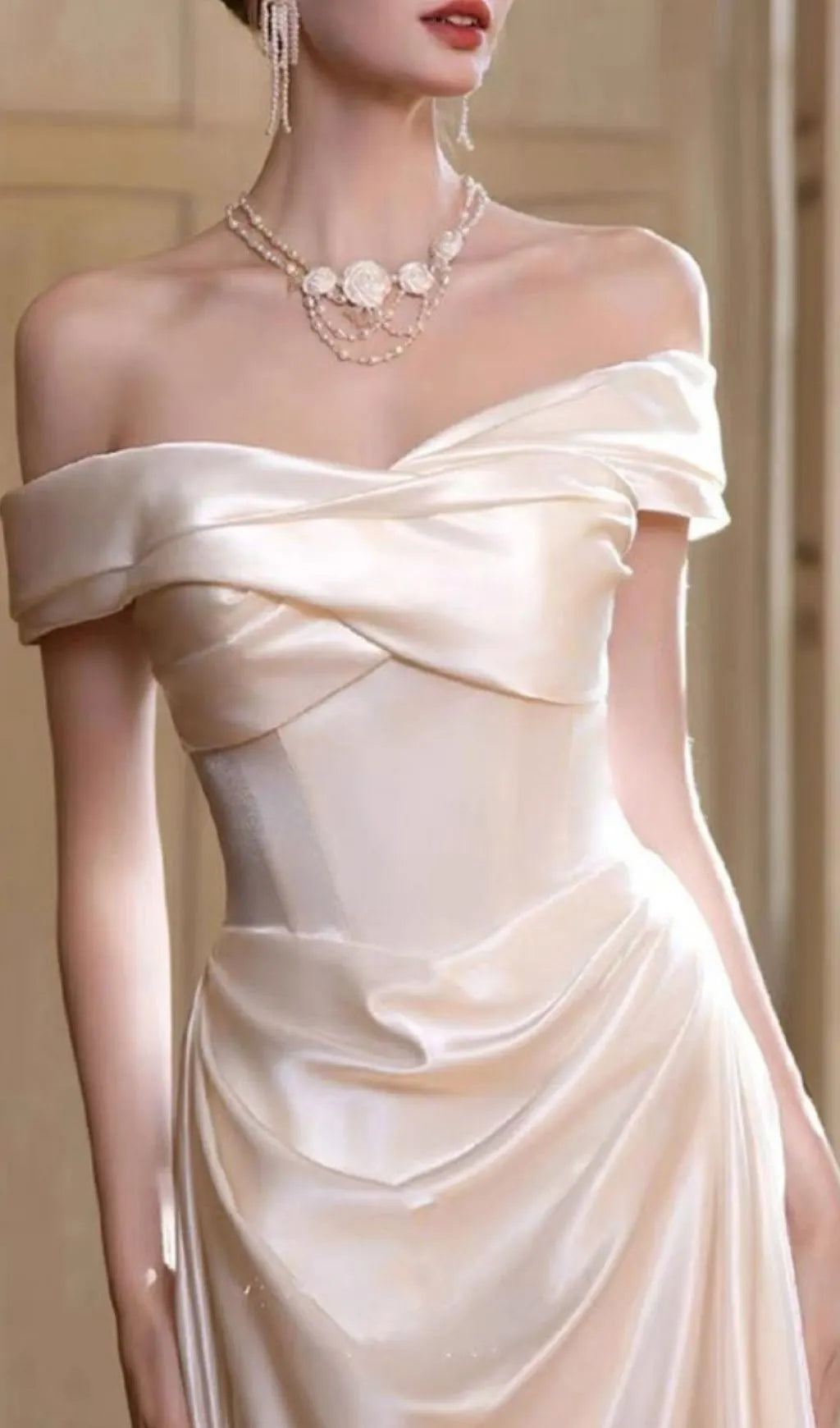 Kaur White Satin Off-Shoulder Wedding Dress Flowering Girl