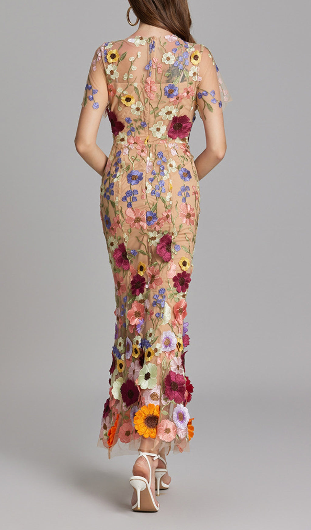 Carol Floral Embroidery Mesh Fishtail Midi Dress Flowering Girl