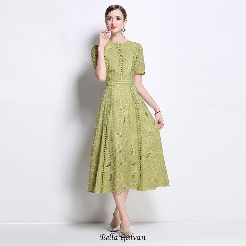 dana hollow embroidery lace midi dress in green Flowering Girl