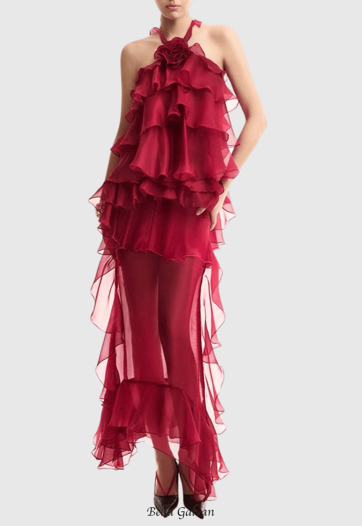 eunice Floral Halter Chiffon Ruffle Midi Dress in red Flowering Girl