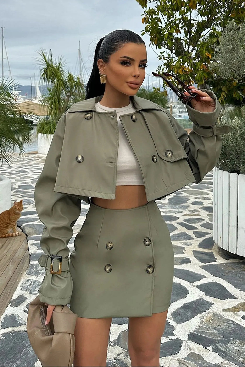 Shirley Button Detail Cropped Jacket & Mini Skirt Set Flowering Girl