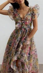 Butterfly Print Ruffle Chiffon Maxi Dress Flowering Girl