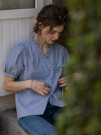 Blue Cotton Asymmetrical Striped Puff-Sleeve Shirt Flowering Girl