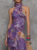Elegant Purple Floral Chiffon Halter Maxi Dress Flowering Girl