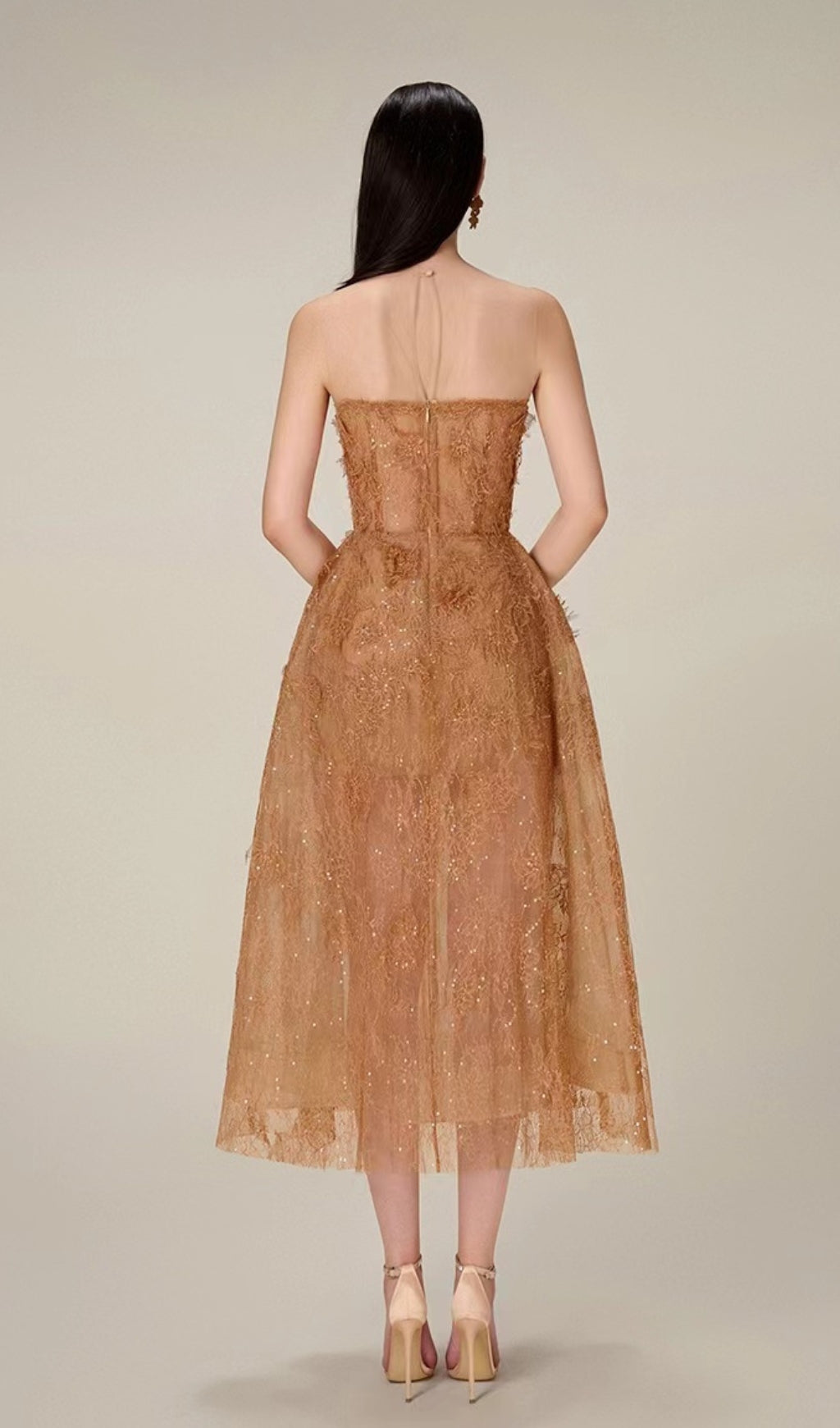 CARAMEL FLORAL LACE EMBROIDER MIDI DRESS Flowering Girl
