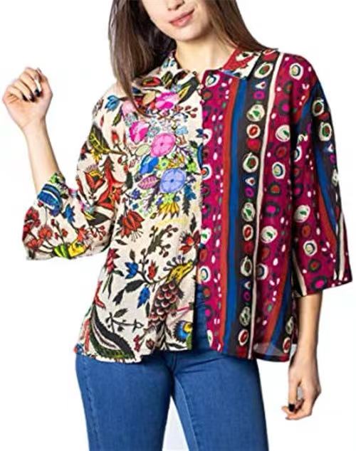 Multicolor Folk Floral Print Three-Quarter Sleeve Button-Down Shirt Flowering Girl