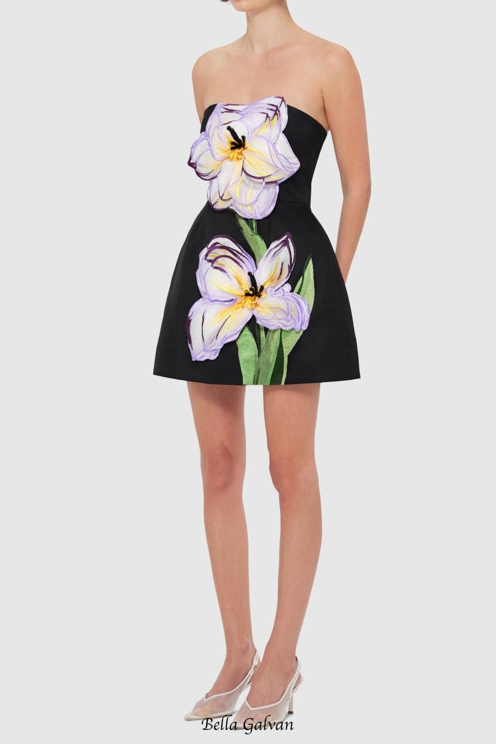 Rosario Appliqué Floral Bustier Mini Dress in black Flowering Girl