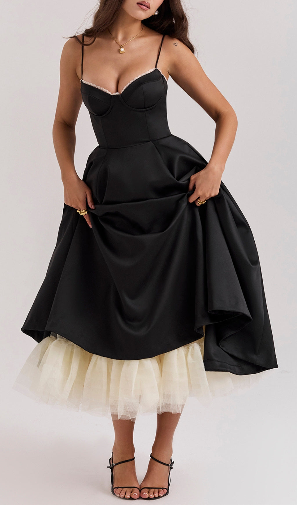 Alodia Black Mesh Hem Midi Dress Flowering Girl