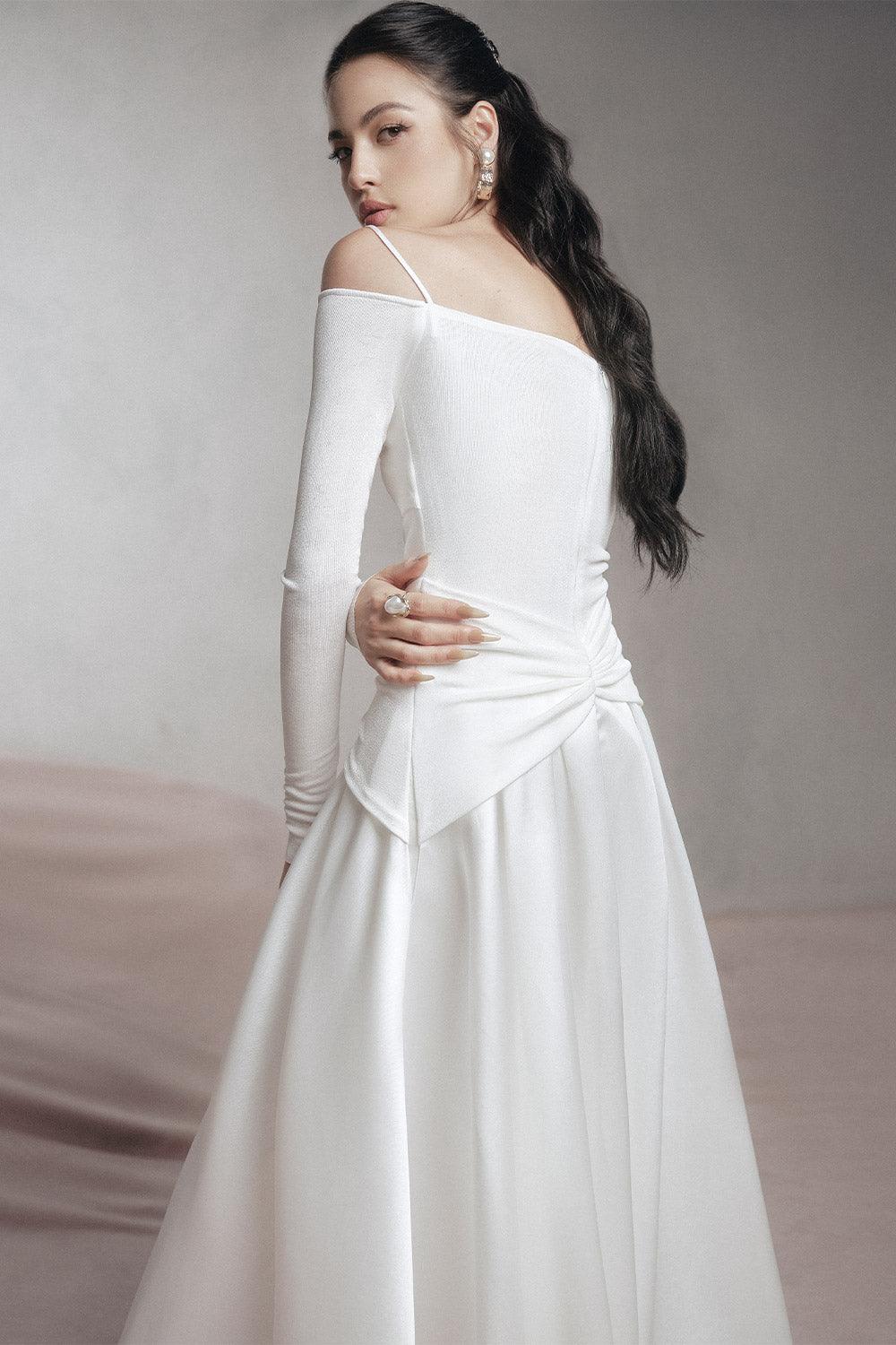 White A-Line Cold Shoulder Sleeved Spandex Taffeta Maxi Dress Flowering Girl