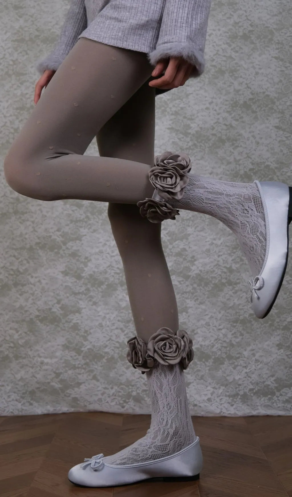 Grey Tights & Rose Lace Socks Set Flowering Girl