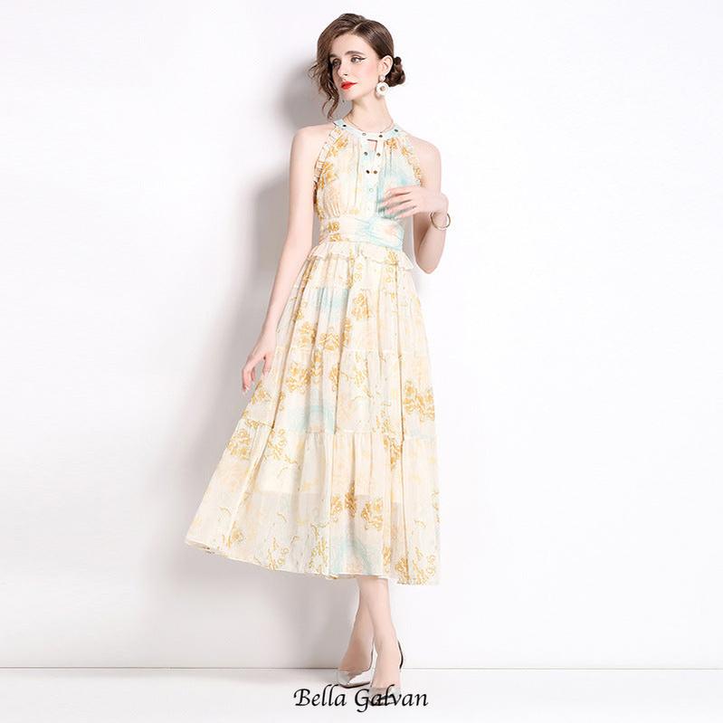 elvira print sleeveless halterneck midi dress in yellow Flowering Girl