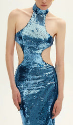 Barny Blue Halter Sequin Maxi Dress Flowering Girl