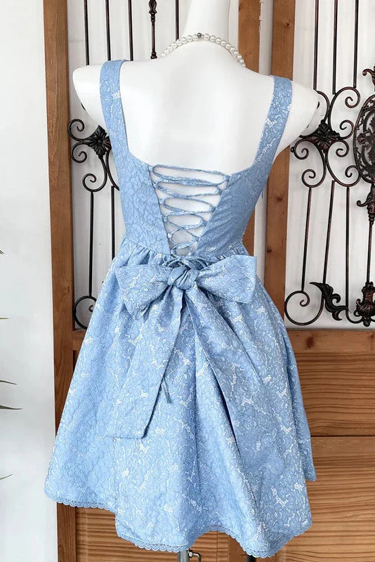 Beaded Square Neck Retro Jacquard Bow Strap Waist A-Line Mini Dress Flowering Girl