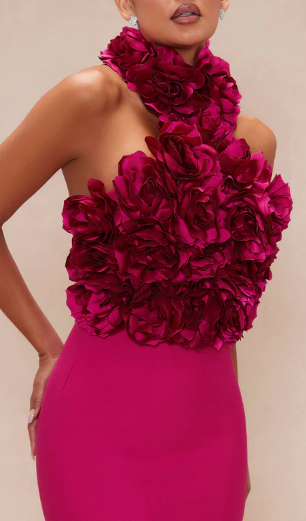 Halter Floral Midi Dress Hot Pink Flowering Girl