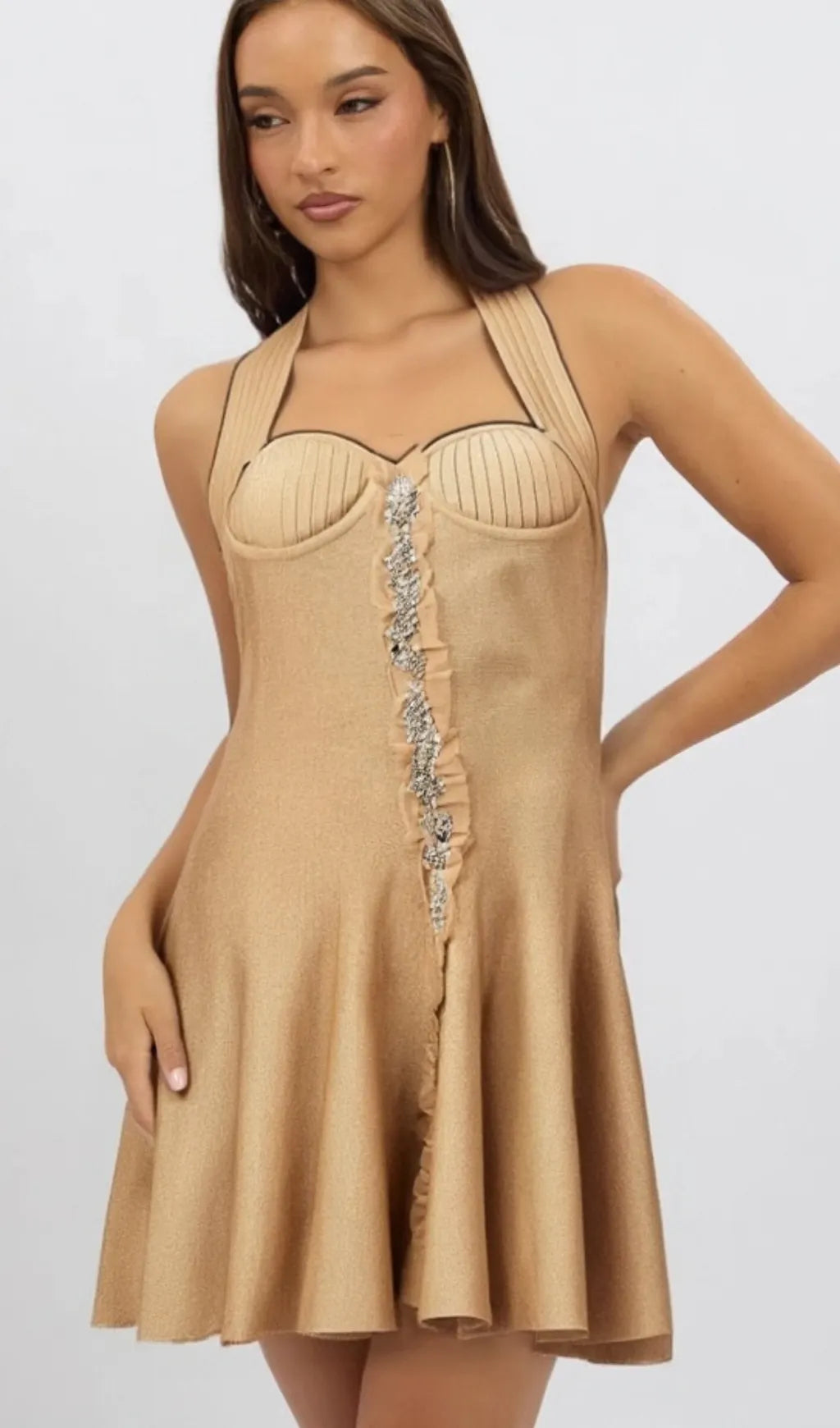 Gabrielle khaki embellished knitted mini dress Flowering Girl