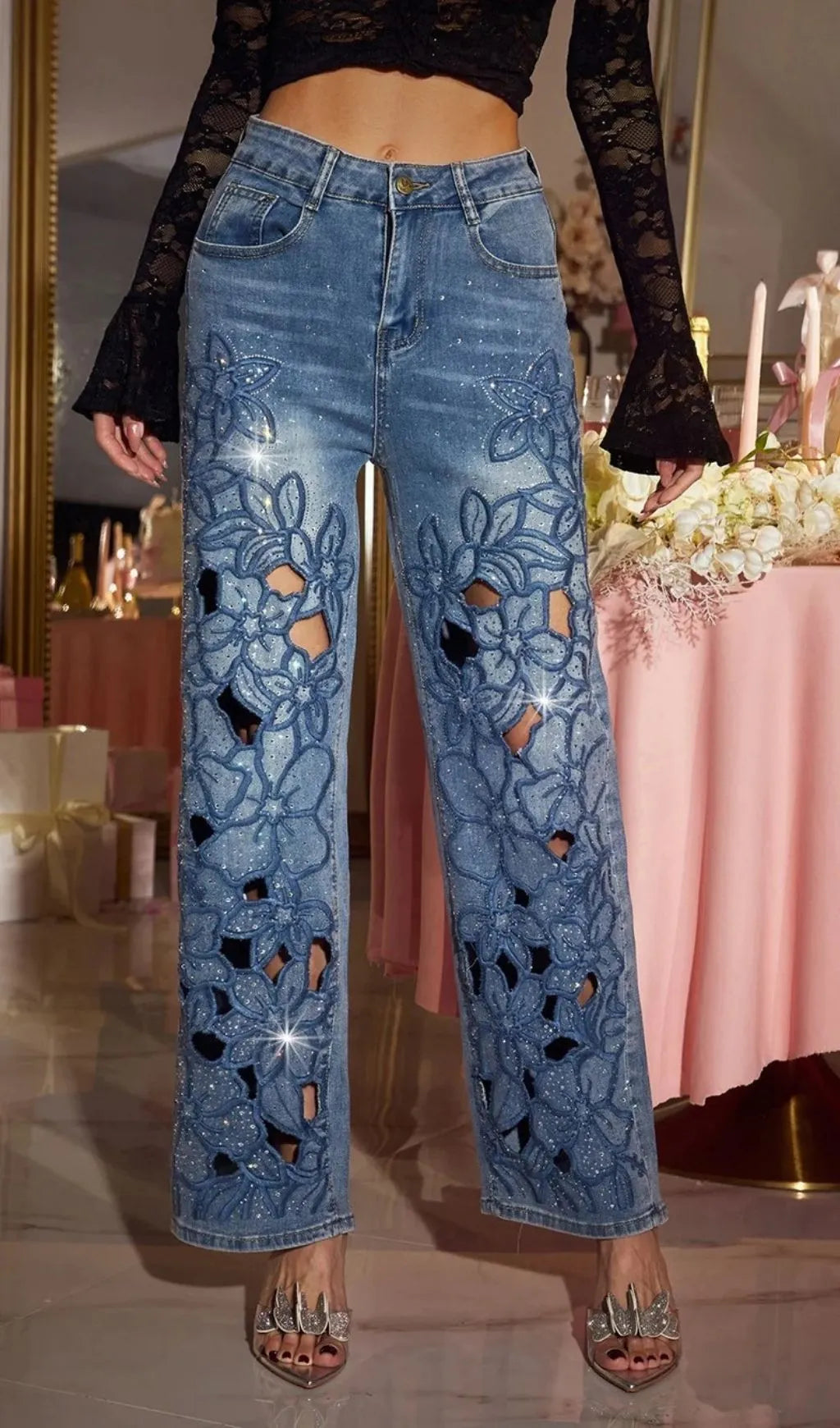 Gorvila Rhinestone Floral Cutout Jeans Flowering Girl