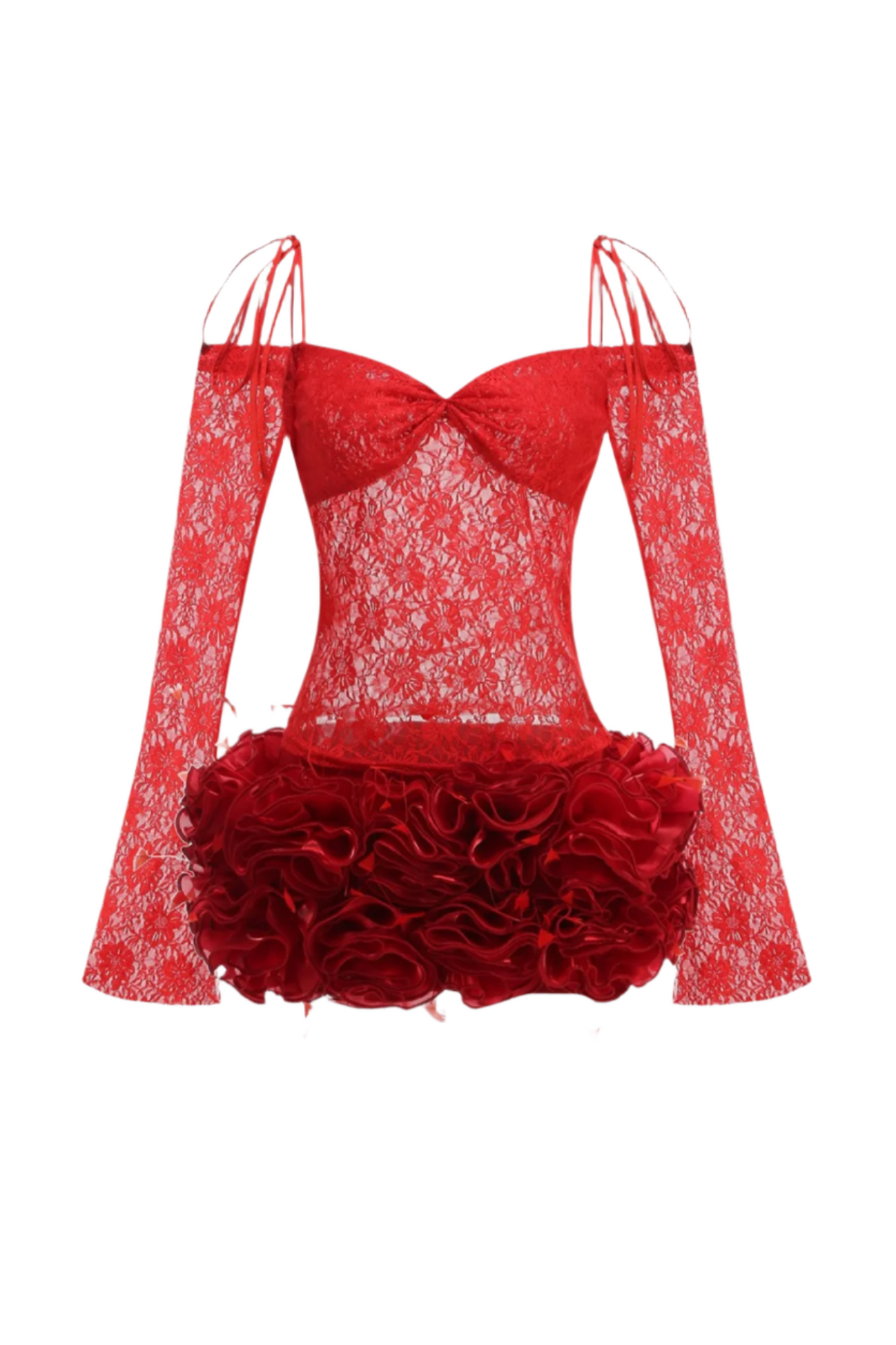 Lace Floral Appliqué Two Piece Set - Red Flowering Girl