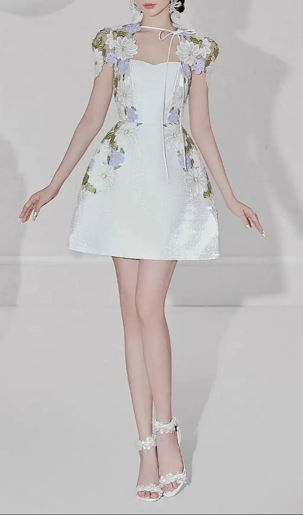 White Floral Embroidered Mini Dress With Sheer Cap Sleeve Bolero Flowering Girl