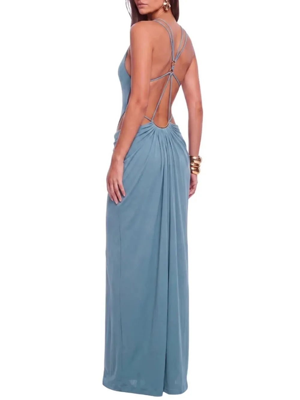 Lorysa Backless Cutout Maxi Dress In Blue Flowering Girl