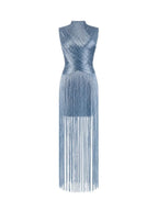 Zavelyn Blue Sleeveless Fringe Bandage Dress