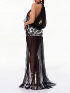 Genet Halterneck Tulle Acrylic Dress In Black Flowering Girl