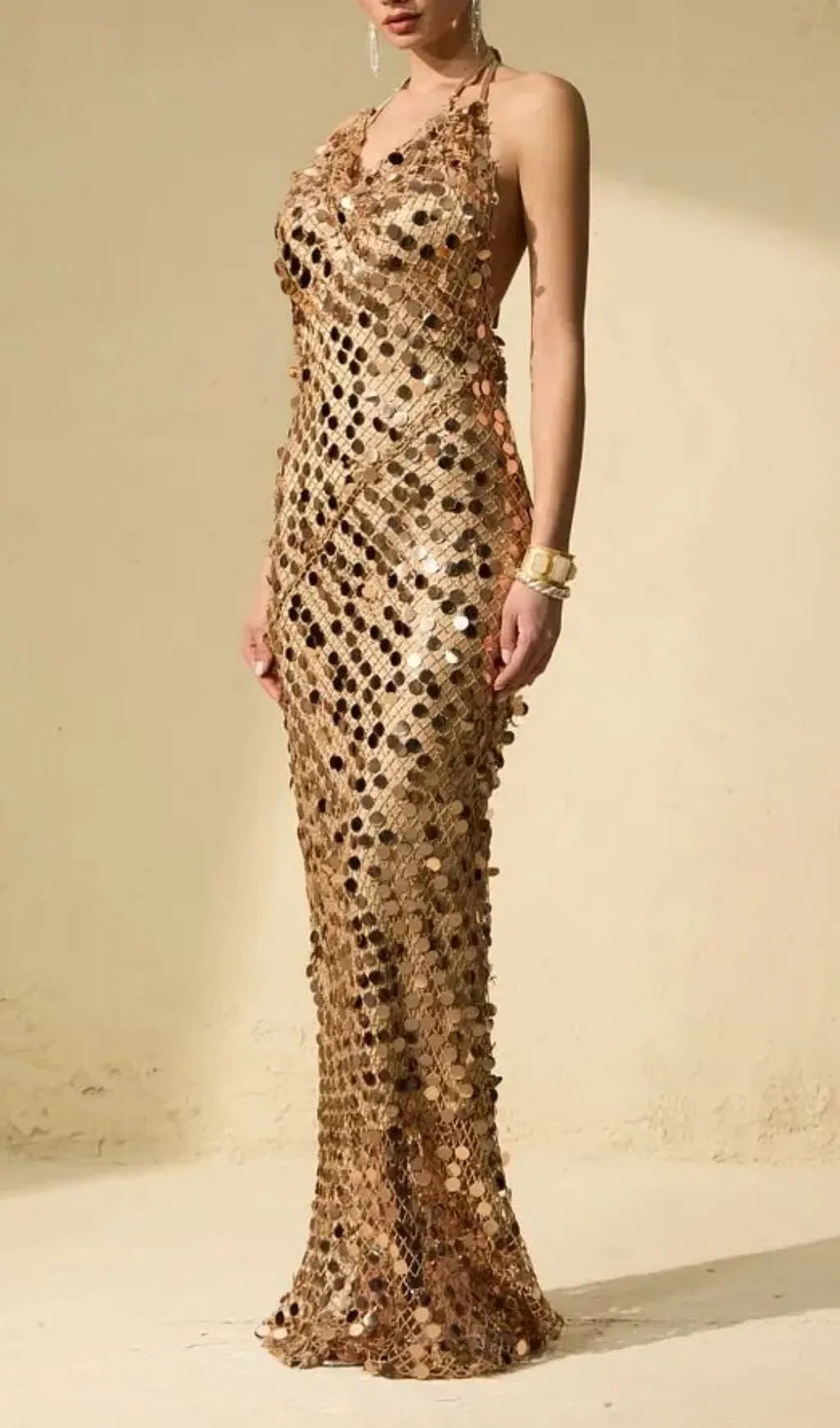 Jennifer Gold Sequin Fishnet Backless Maxi Dress Flowering Girl