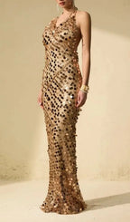 Jennifer Gold Sequin Fishnet Backless Maxi Dress Flowering Girl