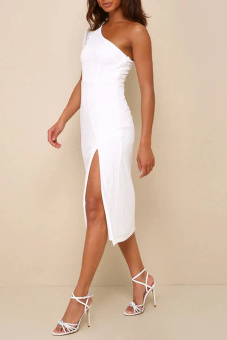 Amazing Glamour White Polka Dot Mesh One-Shoulder Midi Dress Flowering Girl