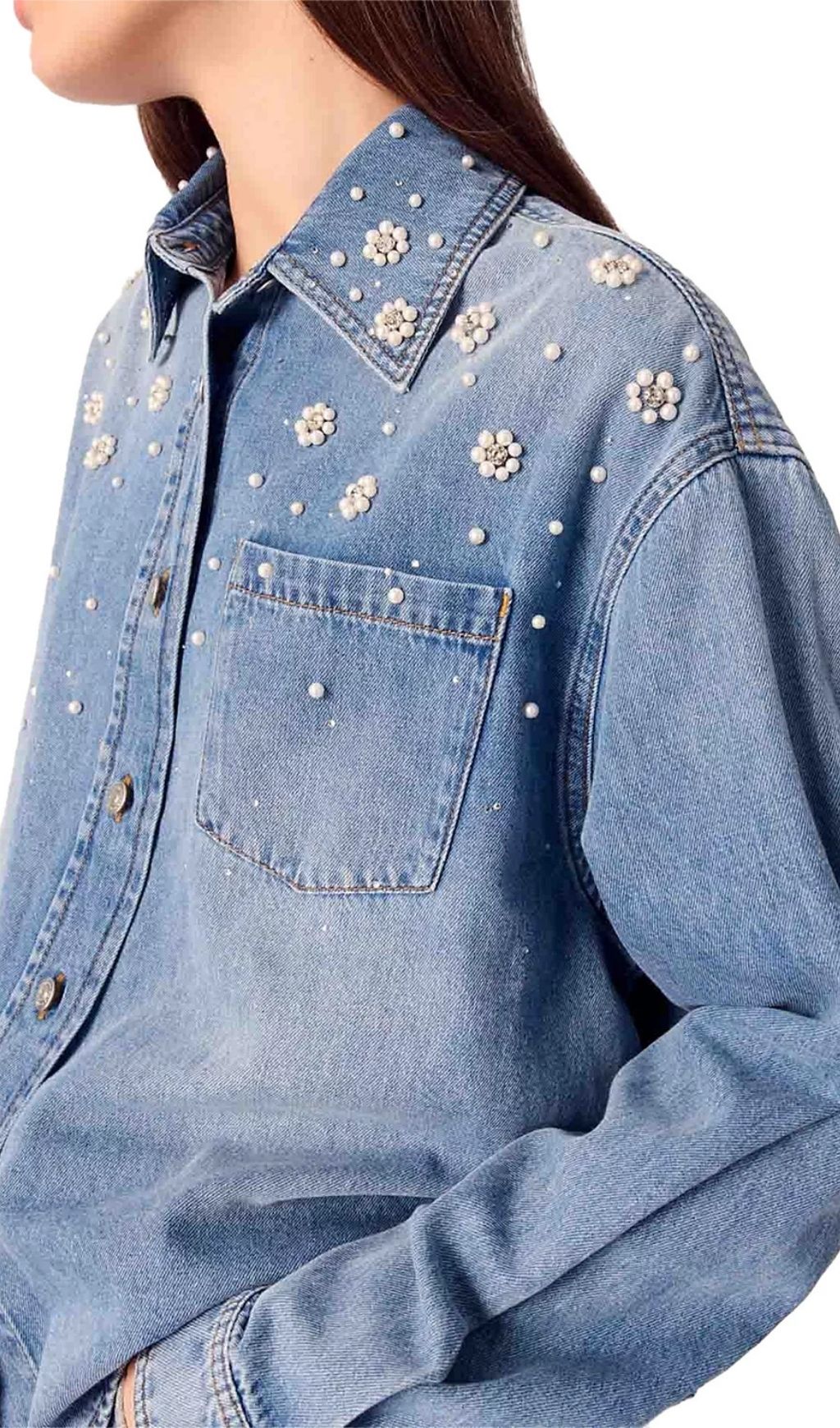 Denim Shirt with Embroidered Beads Flowering Girl