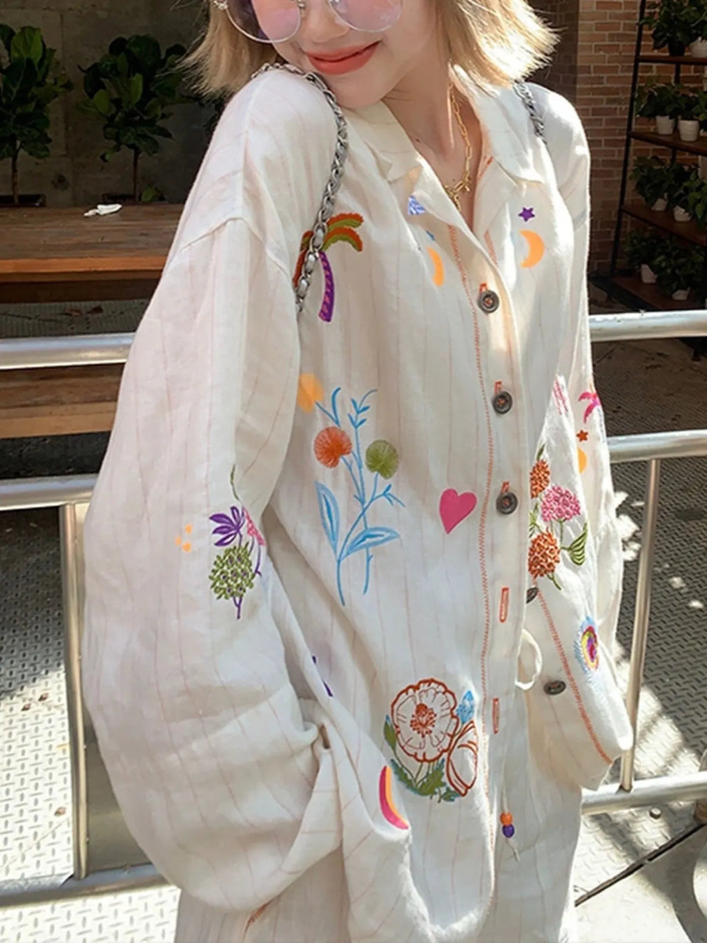 White Embroidery Cotton Linen Long Sleeve Shirt Flowering Girl