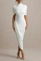 Asymmetric Cape Ruched Midi Dress - White Flowering Girl