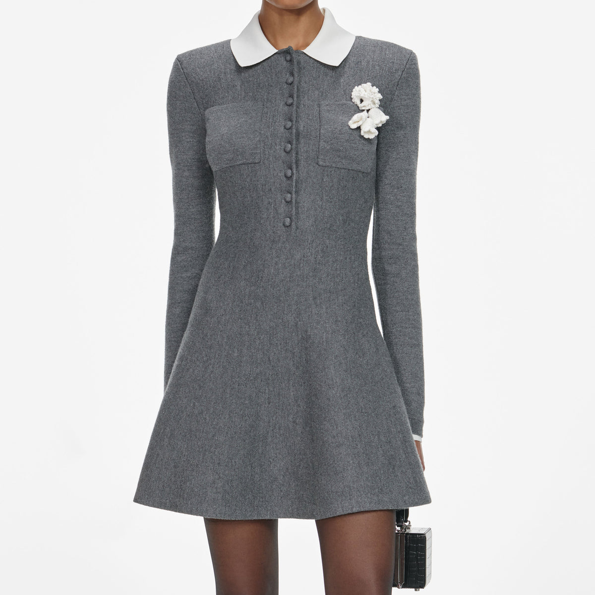 Winni Grey Crochet Flower Collared Knit Mini Dress Flowering Girl