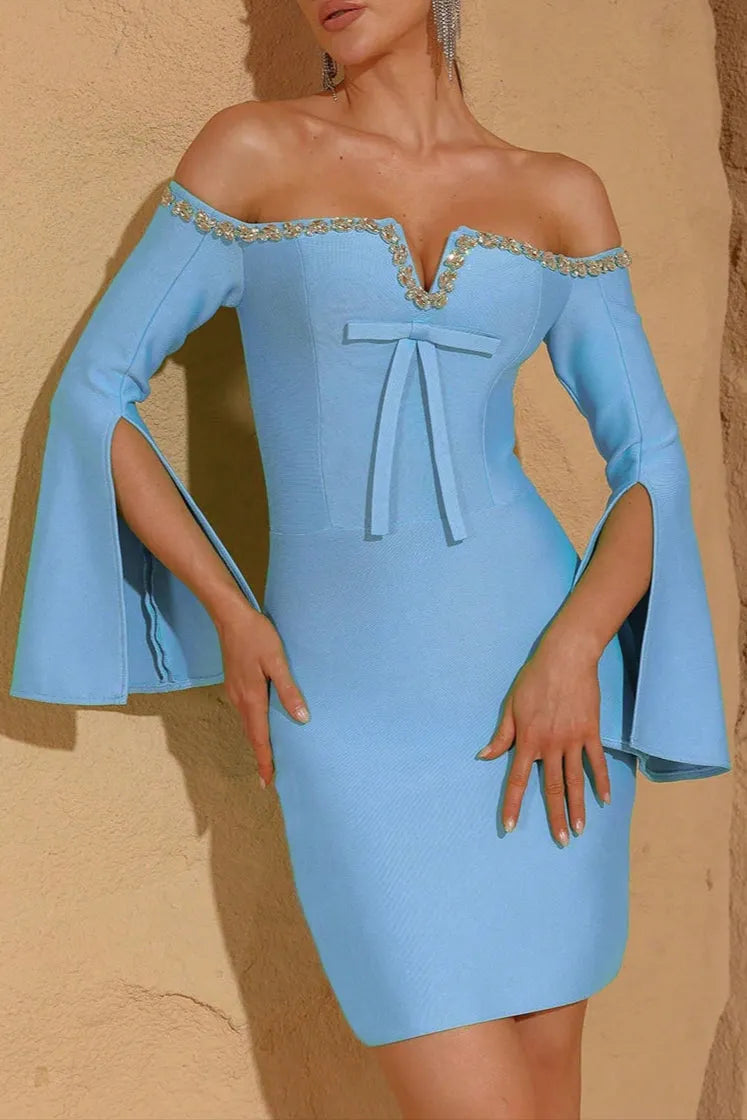 Cara Off-Shoulder Long-Sleeve Diamond Bodycon Mini Dress In Blue Flowering Girl