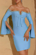 Cara Off-Shoulder Long-Sleeve Diamond Bodycon Mini Dress In Blue Flowering Girl