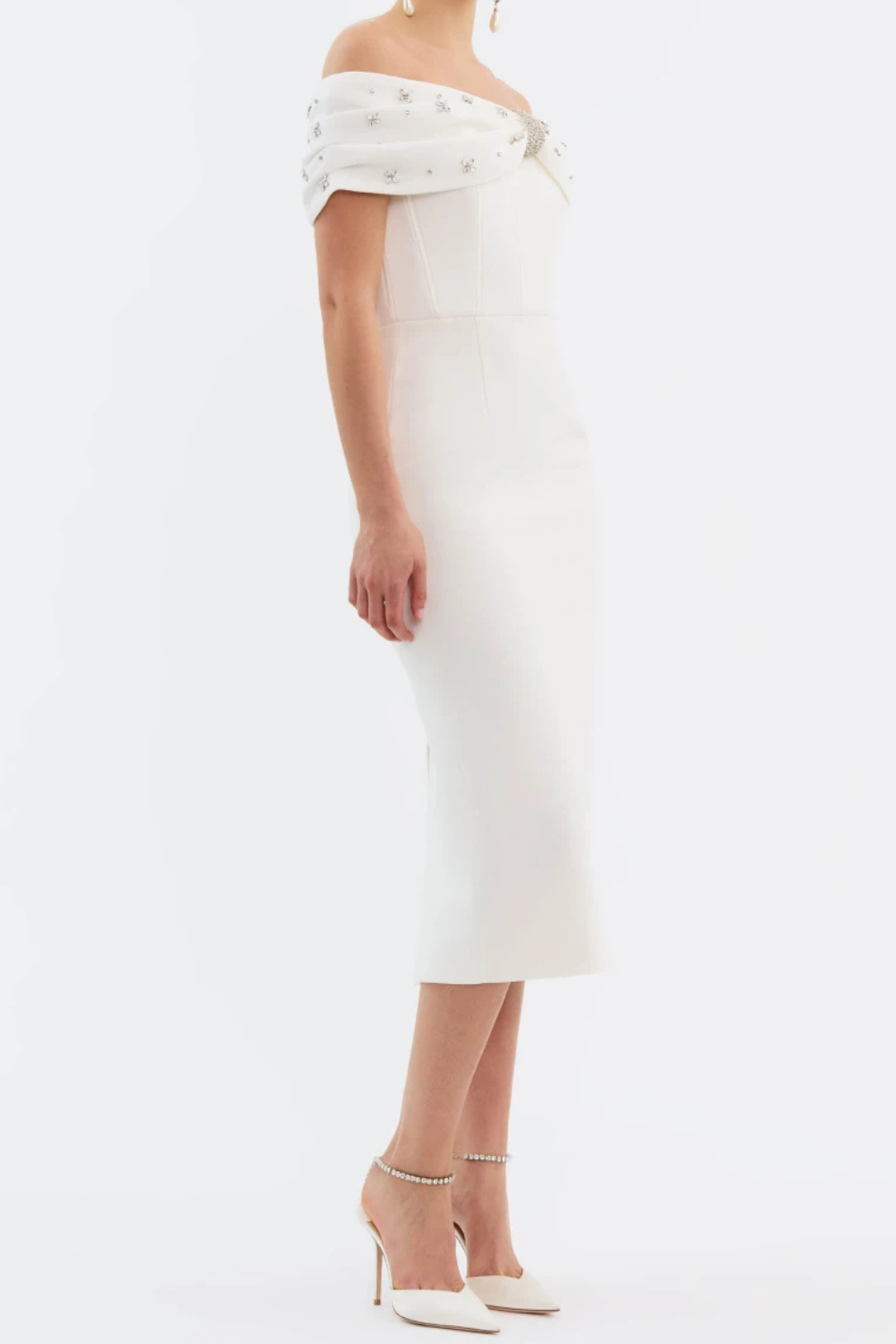 beulah Off-shoulder beaded diamond midi dress in white Flowering Girl