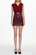 Ferina V Neck Ruched Faux Leather Mini Dress Flowering Girl