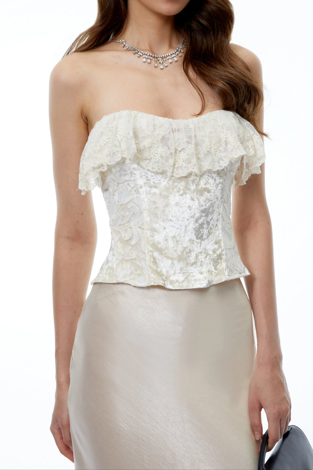 Strapless Ruffle Lace Trim Velvet Jacquard Corset Top Flowering Girl