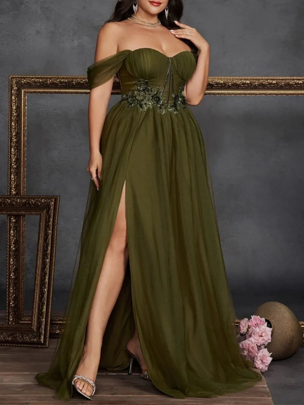 Marella Green Off Shoulder Plus Size Maxi Dress Flowering Girl