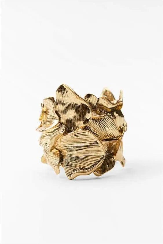 3D Textured Floral Wide Open Cuff Gold Bangle Flowering Girl