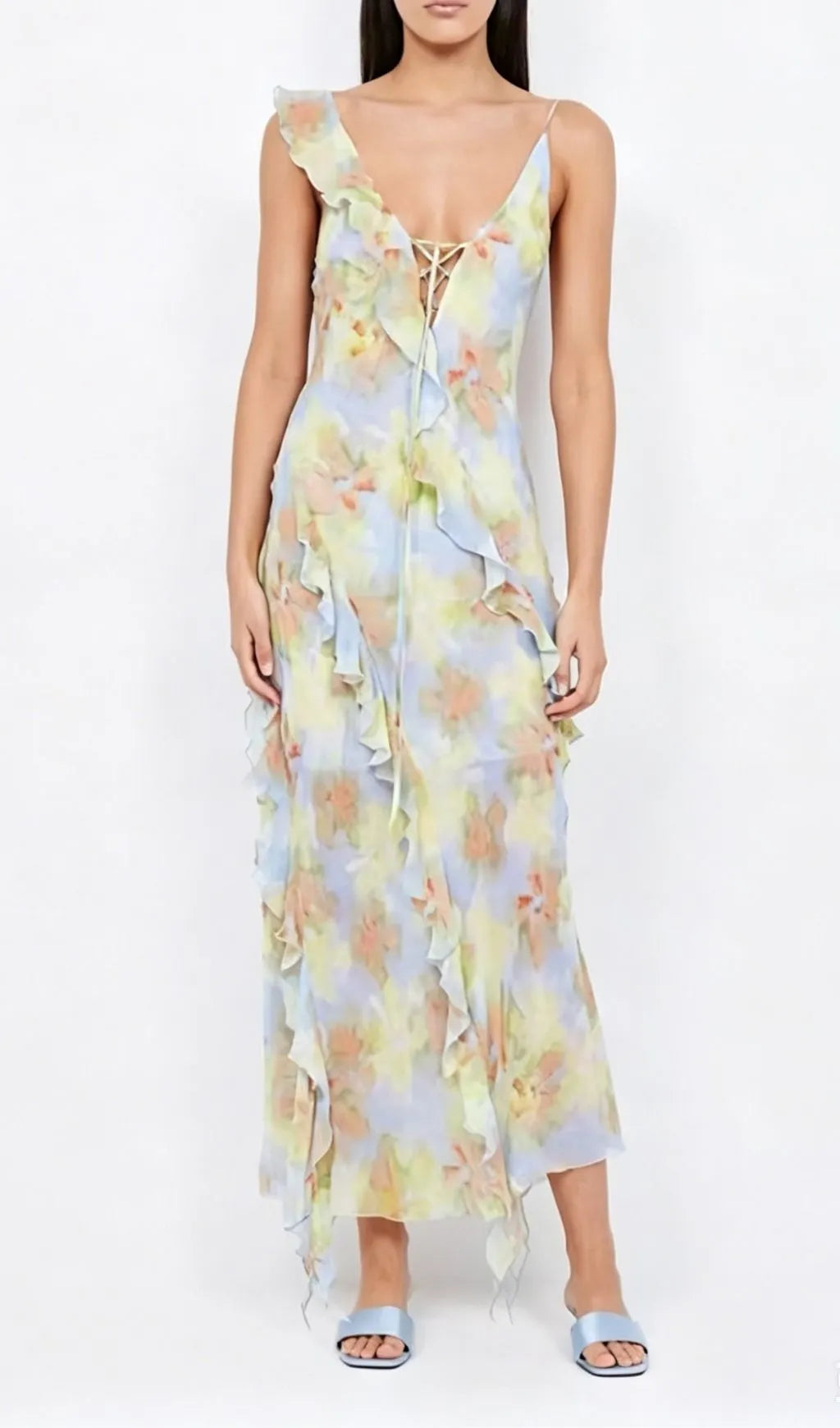 Jessie Blue Tie Dye V-Neck Ruffle Tie-Up Midi Dress Flowering Girl